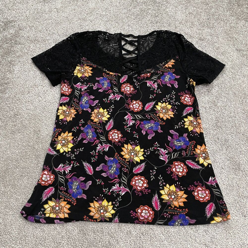 Rockmans Lace Tunic Blouse Womens XS Multicolor Floral Short Sleeve Round Neck